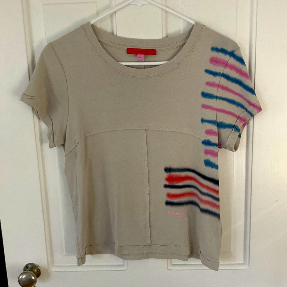 Eckhaus Latta baby tee with tie dye engineered striping and raw edge detailing